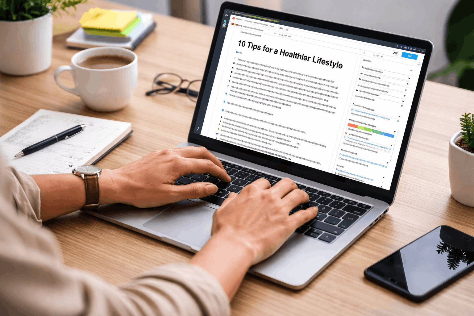 Iemand die achter een laptop zit en een blog typt