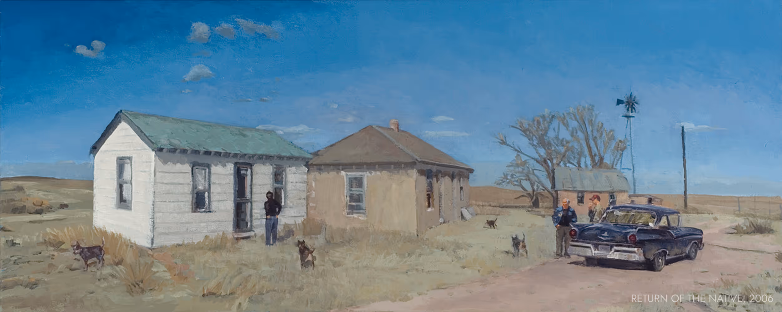 Rural scene with two small houses, a vintage car, people, dogs, and a windmill under a blue sky.