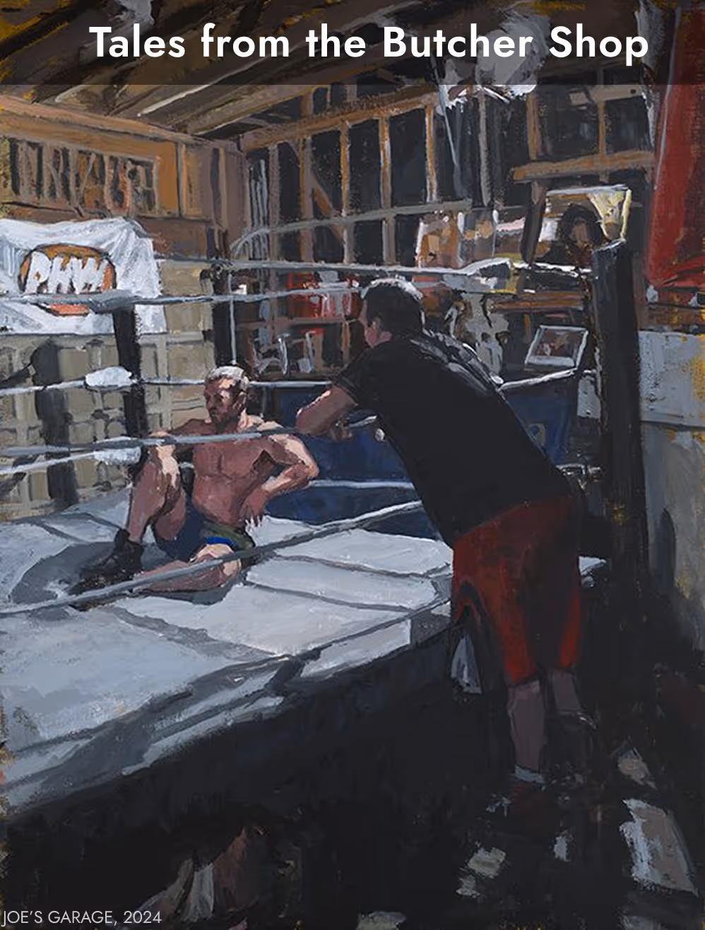 Painting of a man sitting inside a boxing ring and another man leaning on the ring ropes in a dimly lit garage gym.