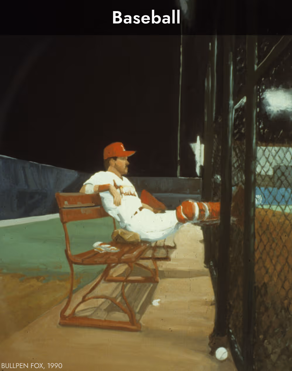 Painting of a baseball player in uniform sitting relaxed on a bench with legs resting on a fence near a baseball field at night.