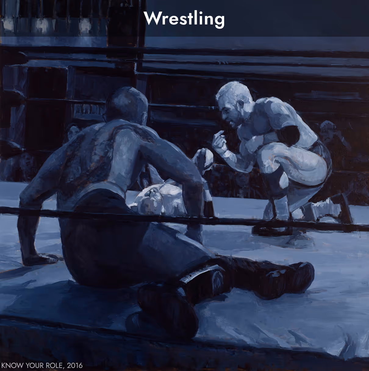 Painting of two wrestlers inside a ring with one kneeling and gesturing while the other sits on the mat.