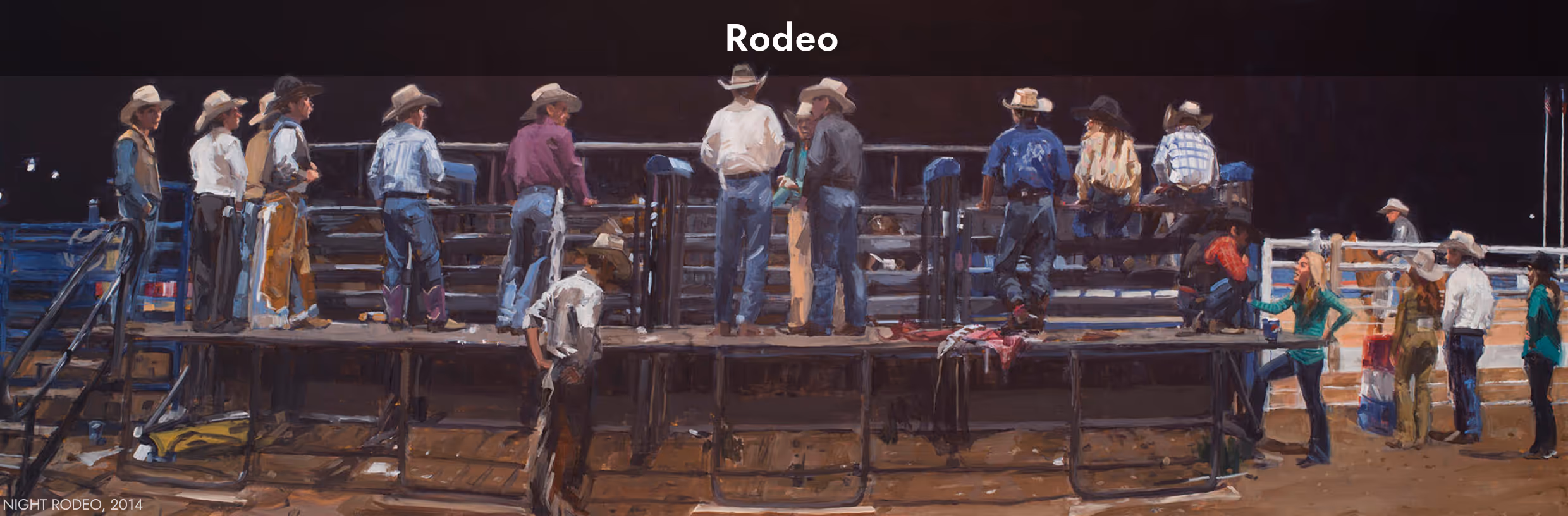 Painted scene of cowboys and cowgirls in hats and boots standing around a rodeo arena gate at night.