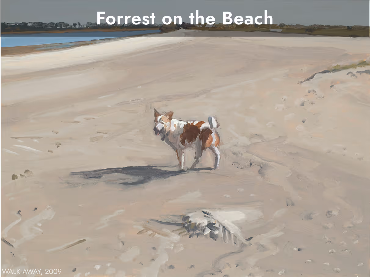 Painting of a small brown and white dog standing on a sandy beach with water and trees in the background.