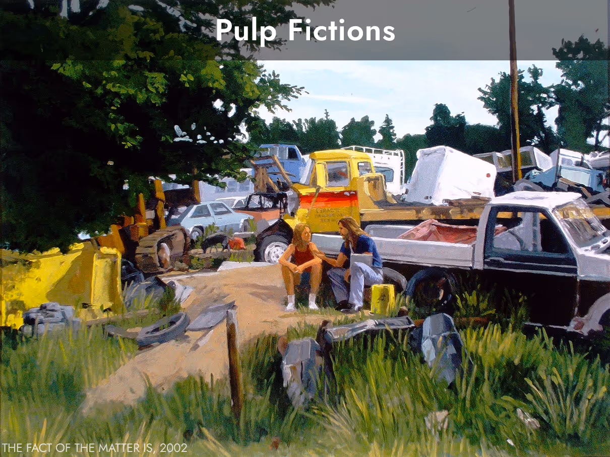 Painting titled 'Pulp Fictions' showing two people sitting and talking in a junkyard with various old vehicles and green foliage.
