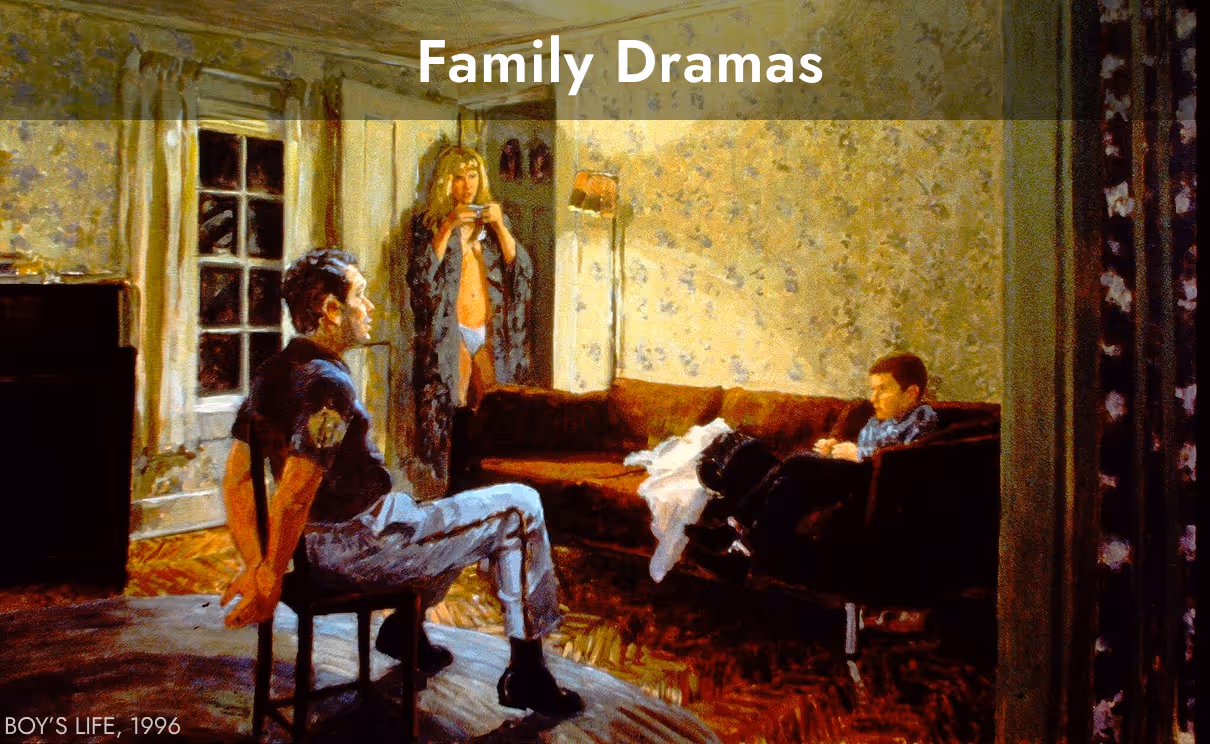 Illustration showing a tense family scene in a dimly lit room with a man tied to a chair, a woman standing in underwear holding a cup, and a boy sitting on a couch.