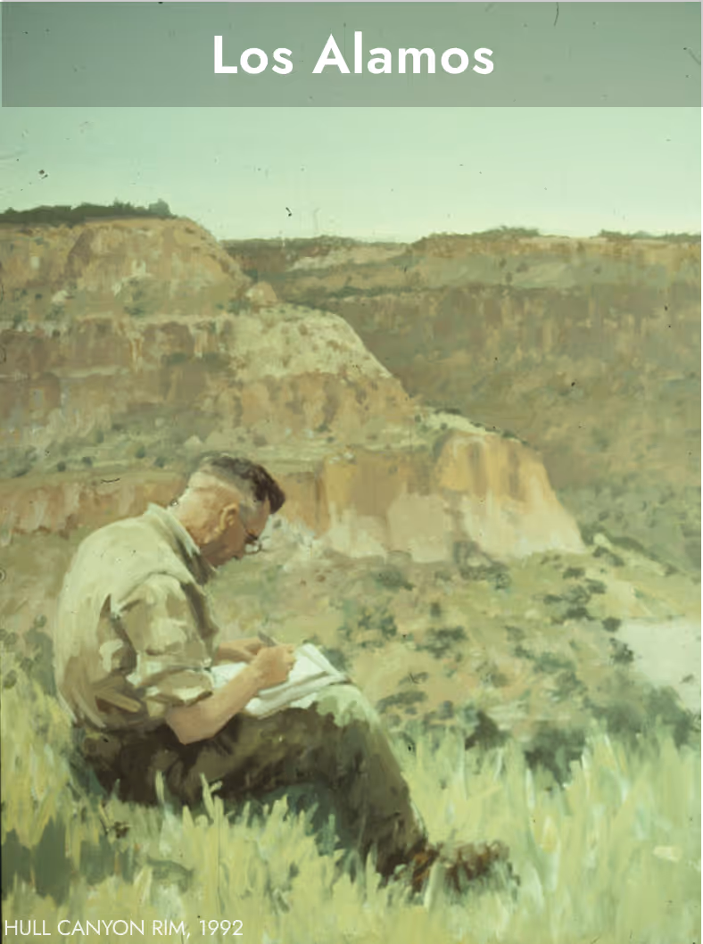 Painting of a man sitting on grass at Hull Canyon Rim in 1992, sketching with canyon cliffs in the background.