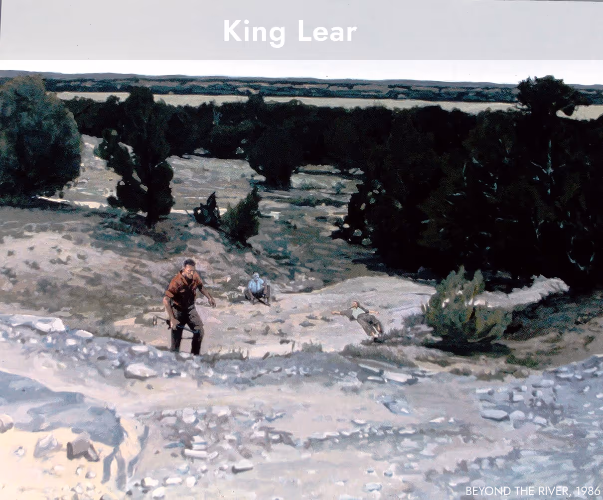 Painting titled King Lear depicting three figures on a rocky slope with dense trees and a river in the background.