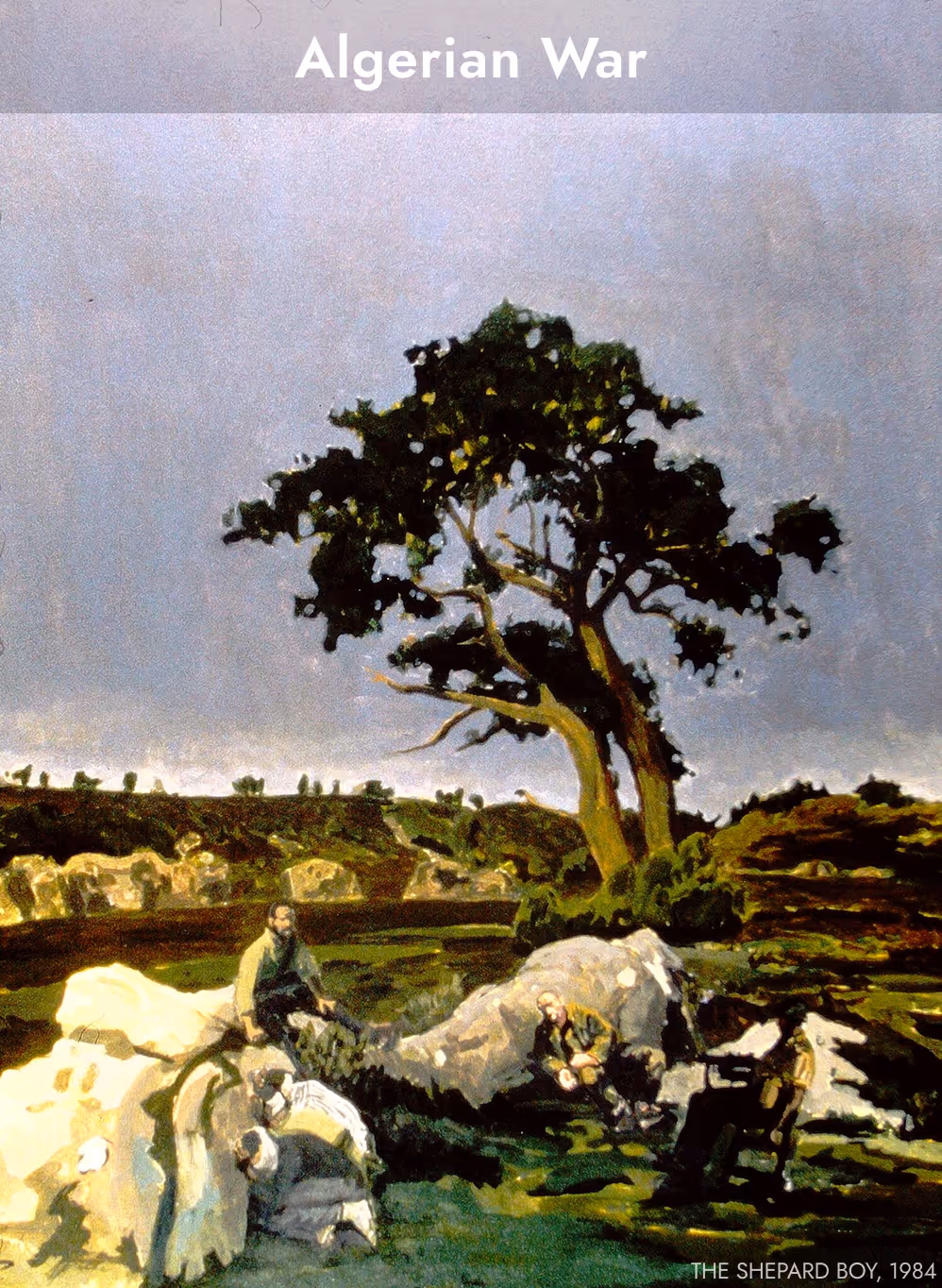 Painting titled 'The Shepard Boy, 1984' depicting four figures resting by large rocks under a green tree in a natural landscape.