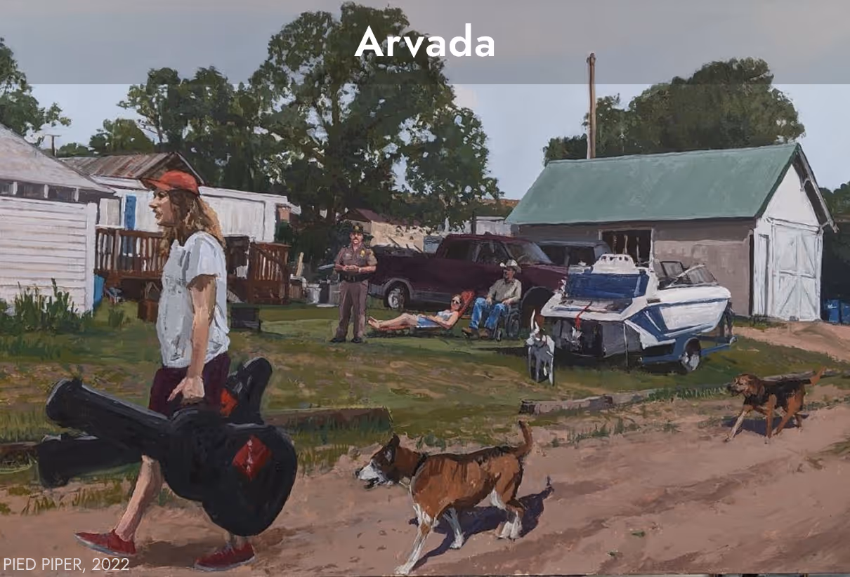 Painting of a man carrying a guitar and suitcase, walking on a dirt path with two dogs, a man in a wheelchair, a woman sitting on the grass, a standing officer, a boat on a trailer, and houses with trees in the background.