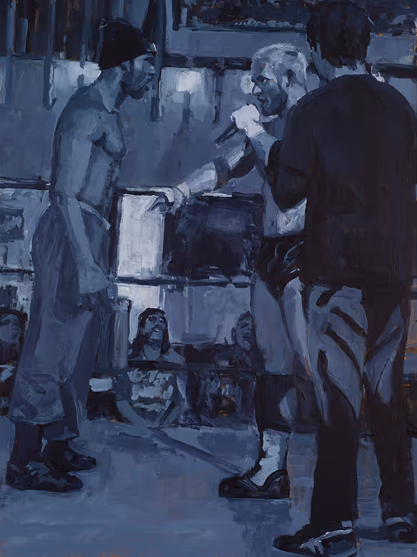 Two wrestlers confront in a dimly lit room, one shirtless wearing a beanie, another holding a microphone next to a referee.