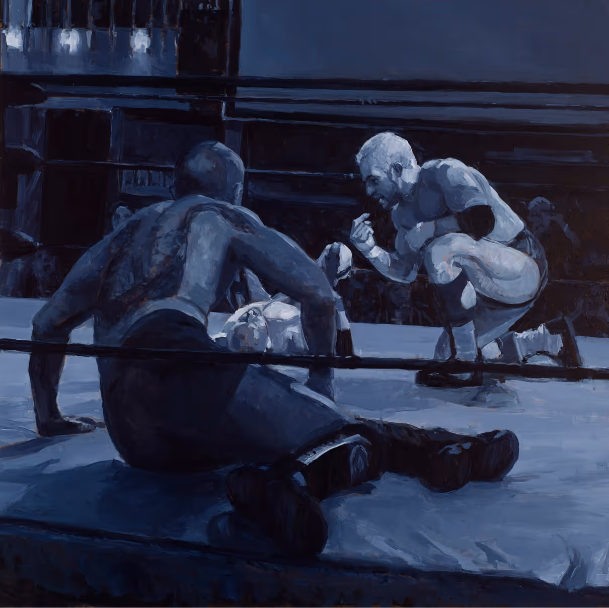 Two wrestlers in a ring, one sitting and one kneeling, painted in shades of blue.