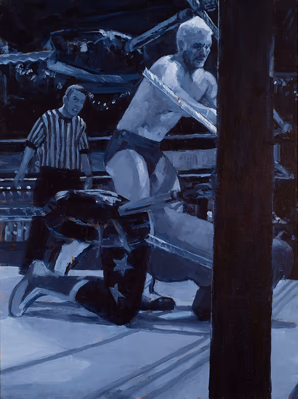 A wrestling match with a referee and two wrestlers in the ring.
