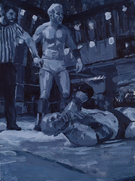 A wrestler holding another down in a ring with a referee watching closely.