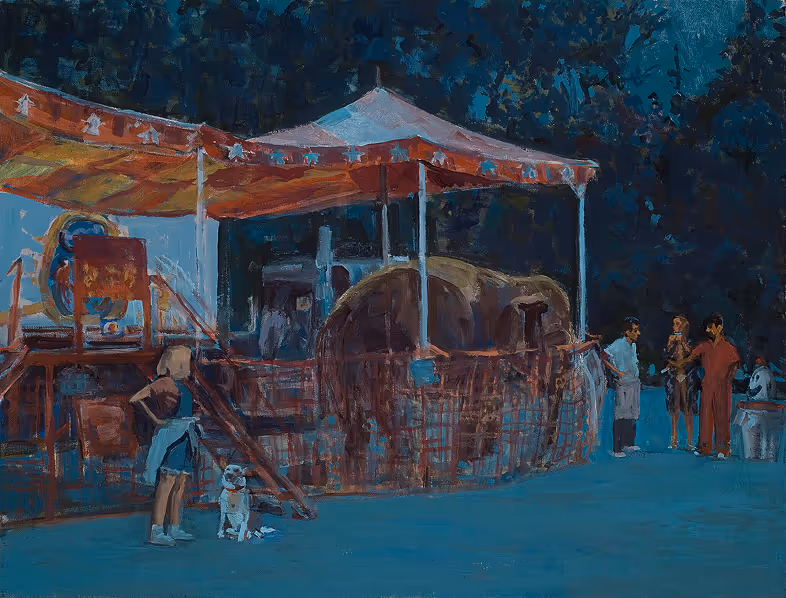 A carnival scene with a tent, a woman with a dog, and three people talking nearby.