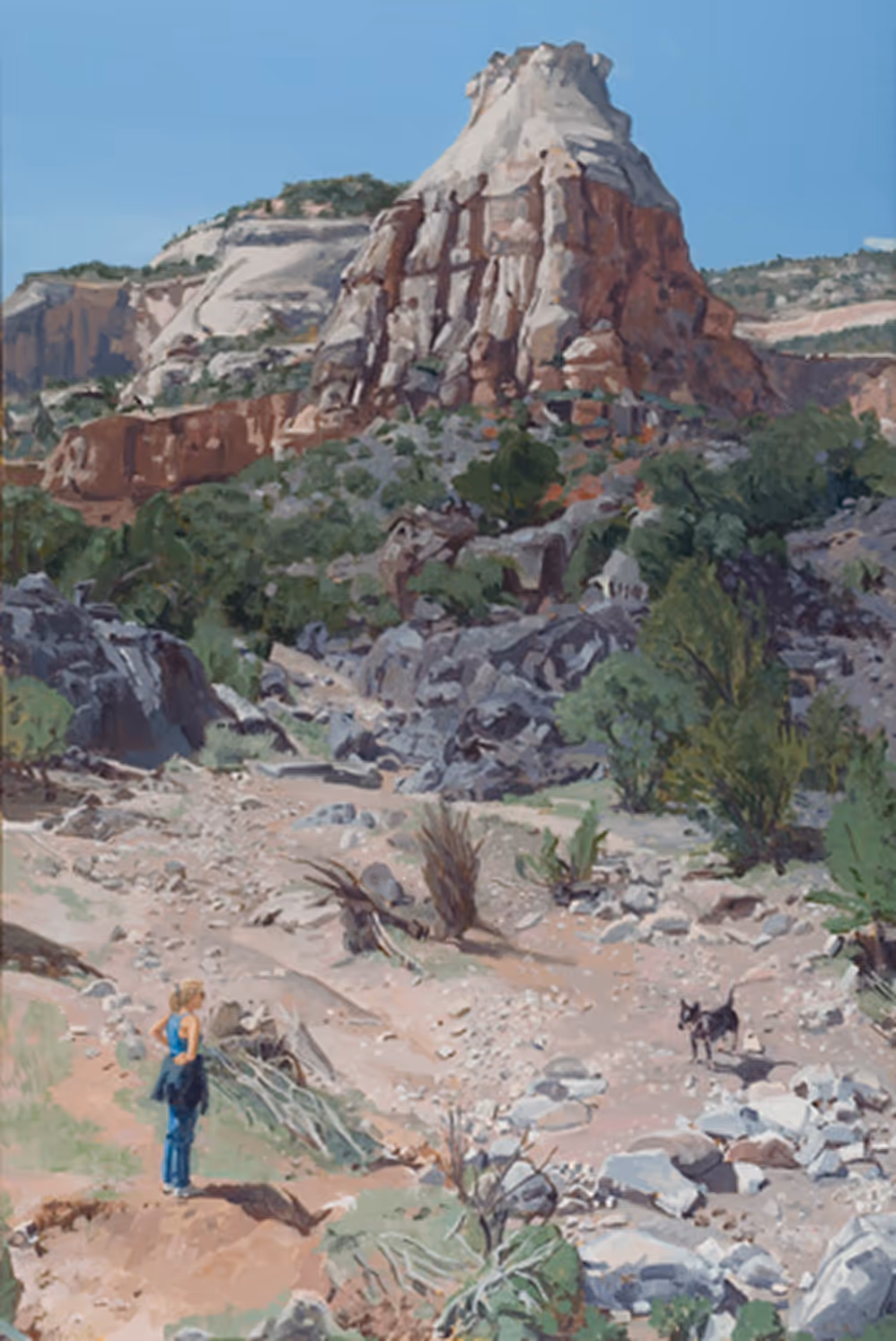 Woman in blue stands on rocky trail with dog before a mesa under clear sky in desert landscape.