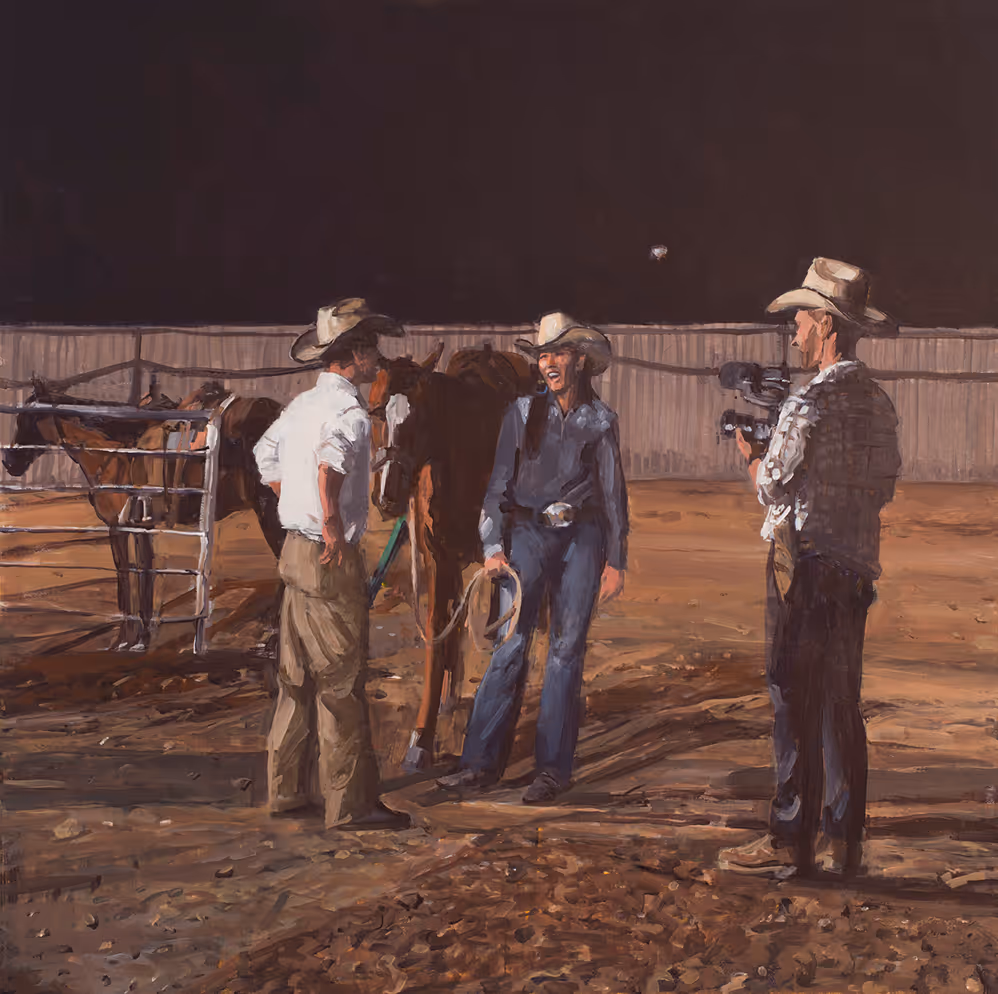 Painting of three cowboys with a horse in an arena at night, one filming the others.