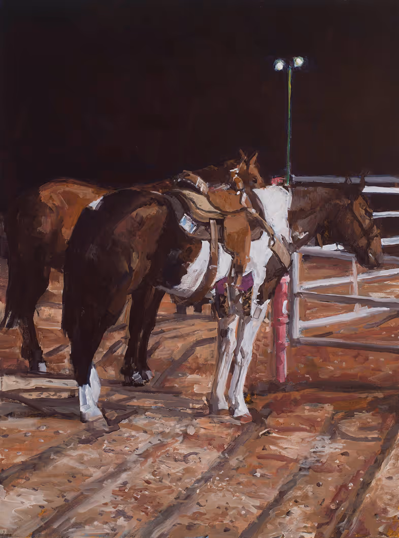 Painting of three saddled horses standing on a dirt ground under dim light near a fence post.