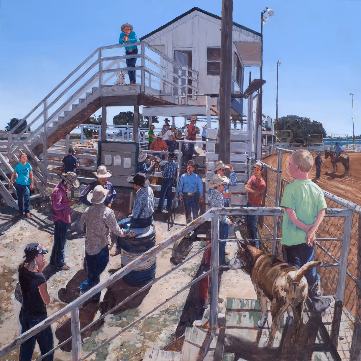 Painting of people and horses at a rodeo arena with a white wooden tower under blue sky.