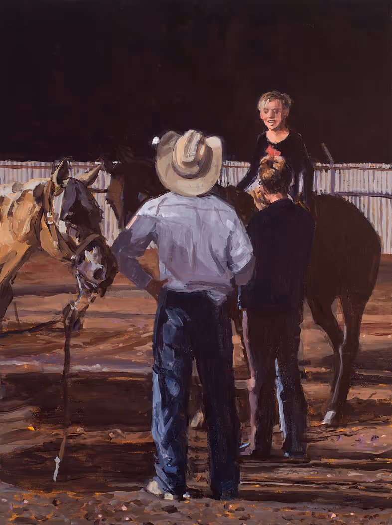 Painting of two adults and a child with horses in an arena under dark sky.