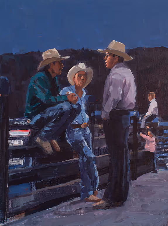 Three cowboys in hats talking by a fence at dusk with two people in the background.