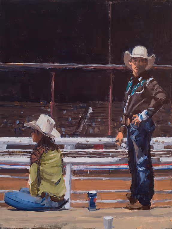 Painting of two boys in cowboy hats near a fence, one sitting and one standing at a rodeo arena.