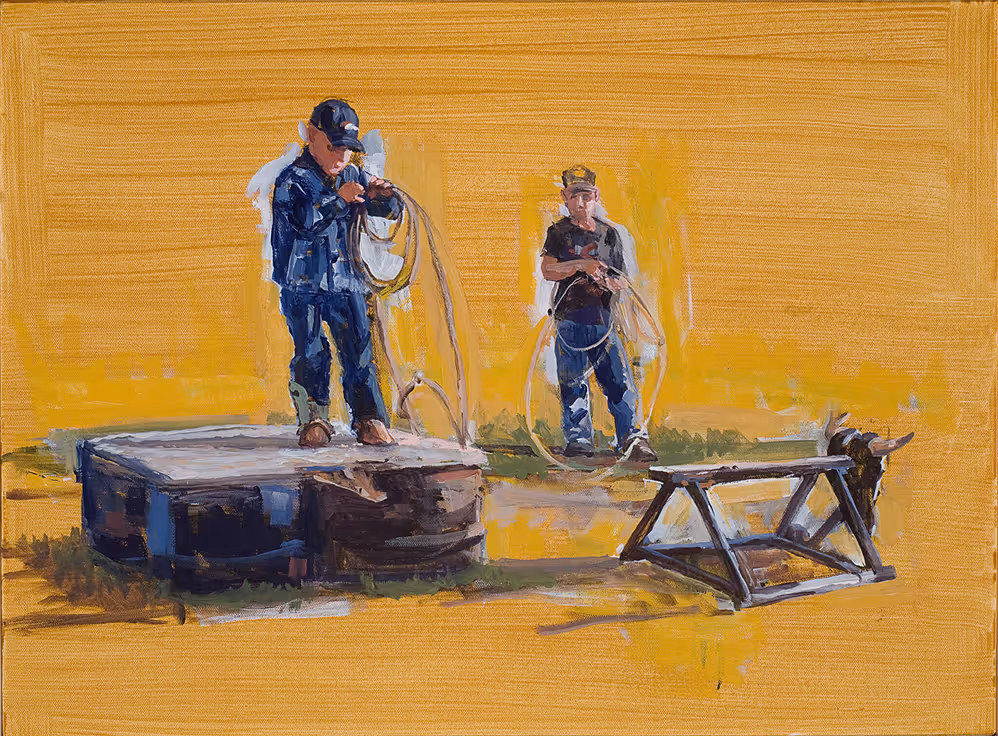 Painting of two boys holding ropes near a wooden platform and a sawhorse on a yellow background.