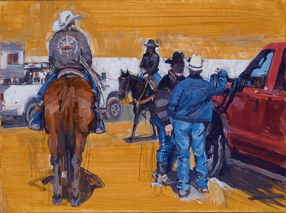 Painting of two cowboys on horses and two men talking near a red truck in a western setting.