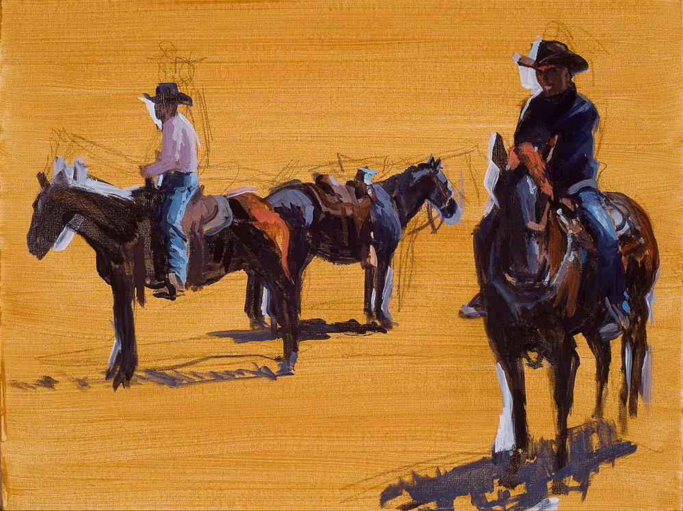 Two cowboys wearing hats, each on a horse, with a third saddled horse between them on a yellow-brown background.