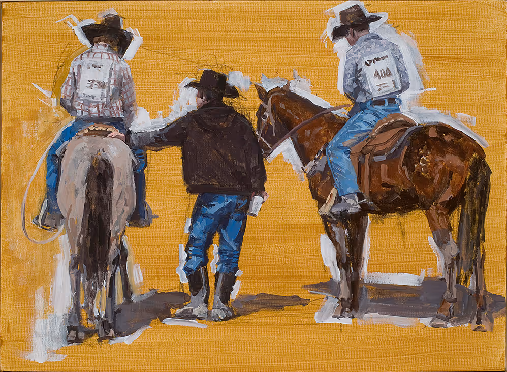 Painting of two cowboys on horses with a man standing between them on a golden-brown background.