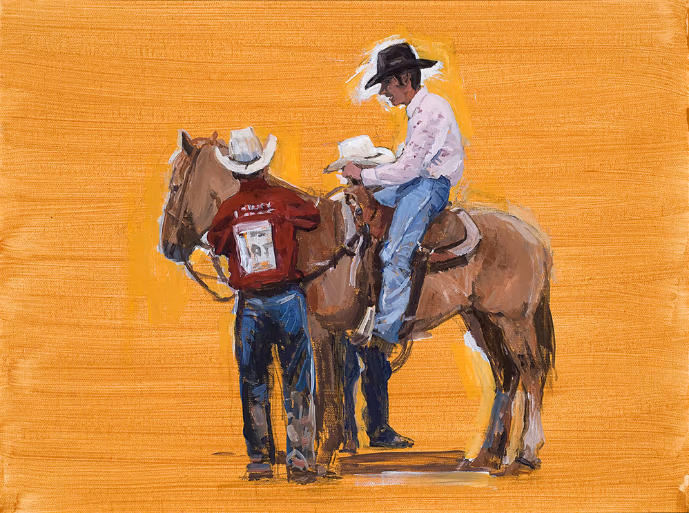 Painting of two cowboys with hats adjusting tack on a brown horse against a yellow background.