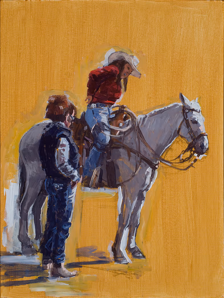 Painting of woman in cowboy hat mounting a white horse with a man standing beside them.