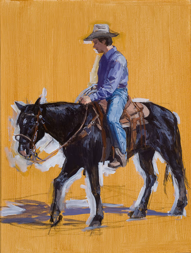 Painting of a young rider in a hat on a black horse against a yellow background.