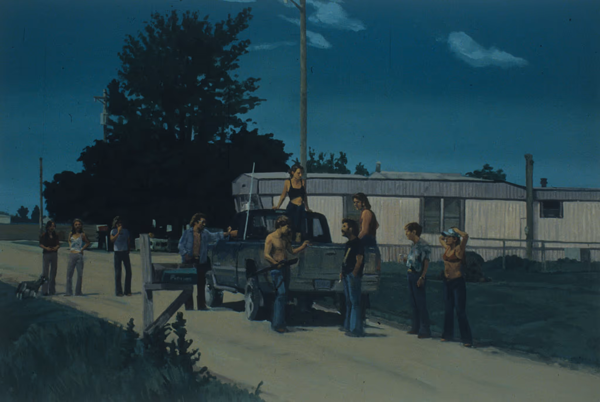 Group of people gathered around and on a pickup truck near a trailer home on a rural road.