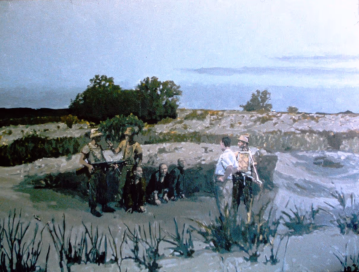 Soldiers holding guns guard three kneeling prisoners in a barren outdoor trench under a pale sky.