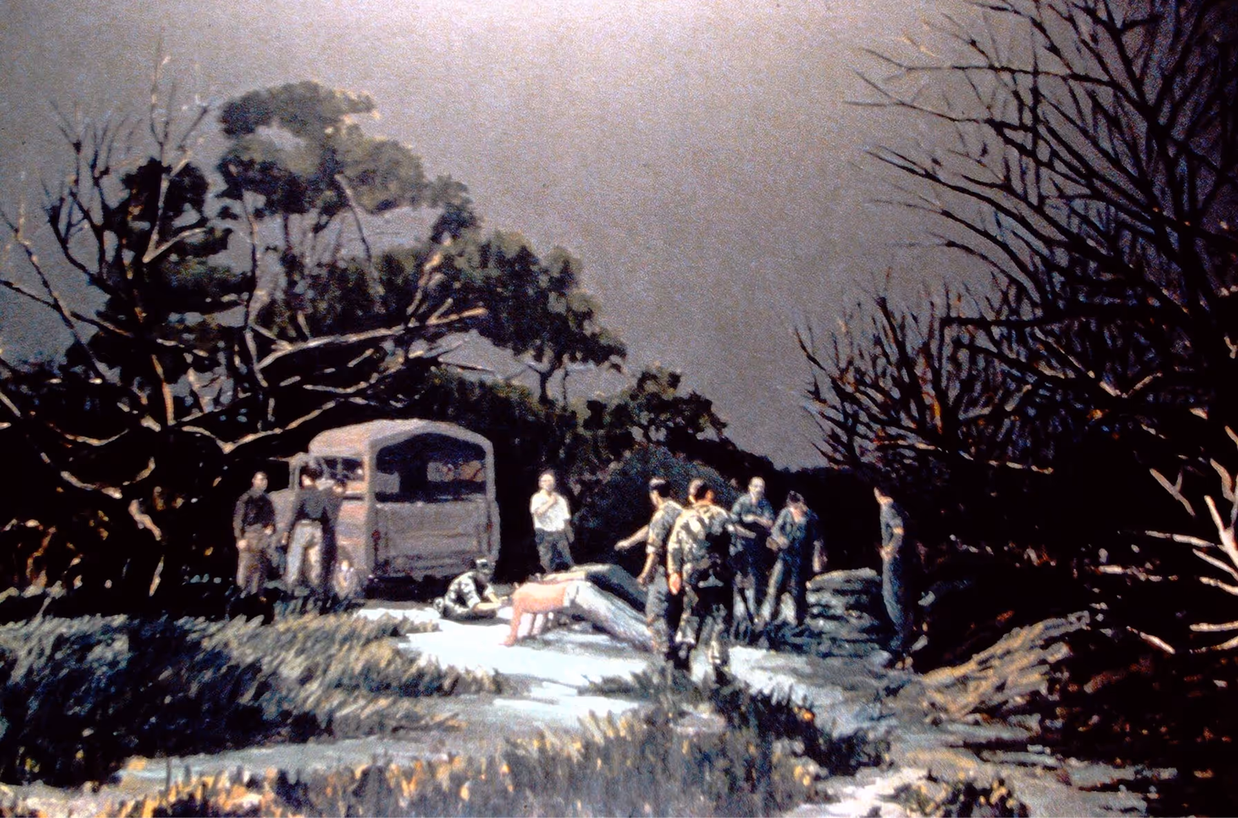 Night scene of soldiers near a truck, some standing, one doing push-ups, surrounded by barren trees.