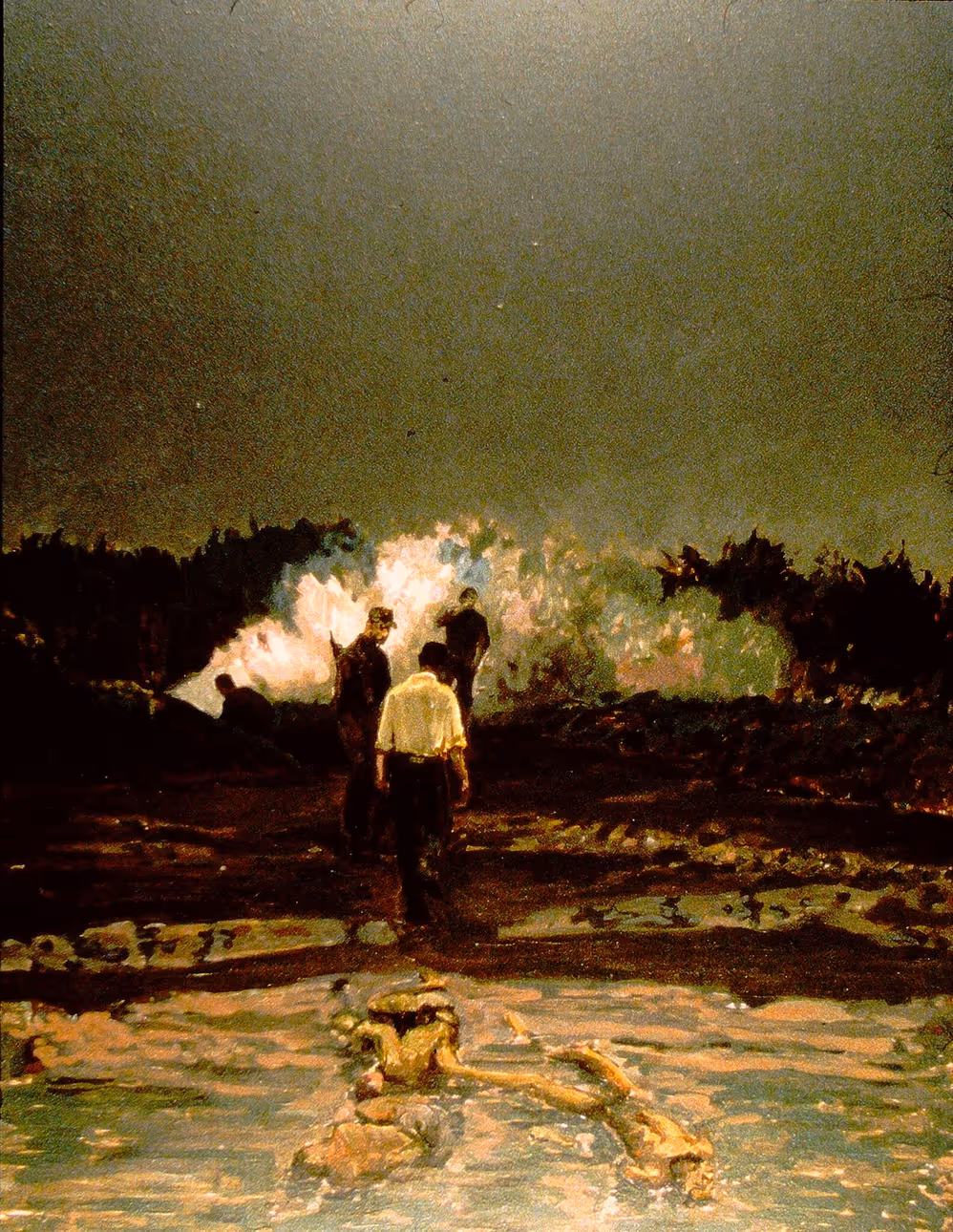 Three men walking near water with two people swimming in the foreground at dusk with smoky background.