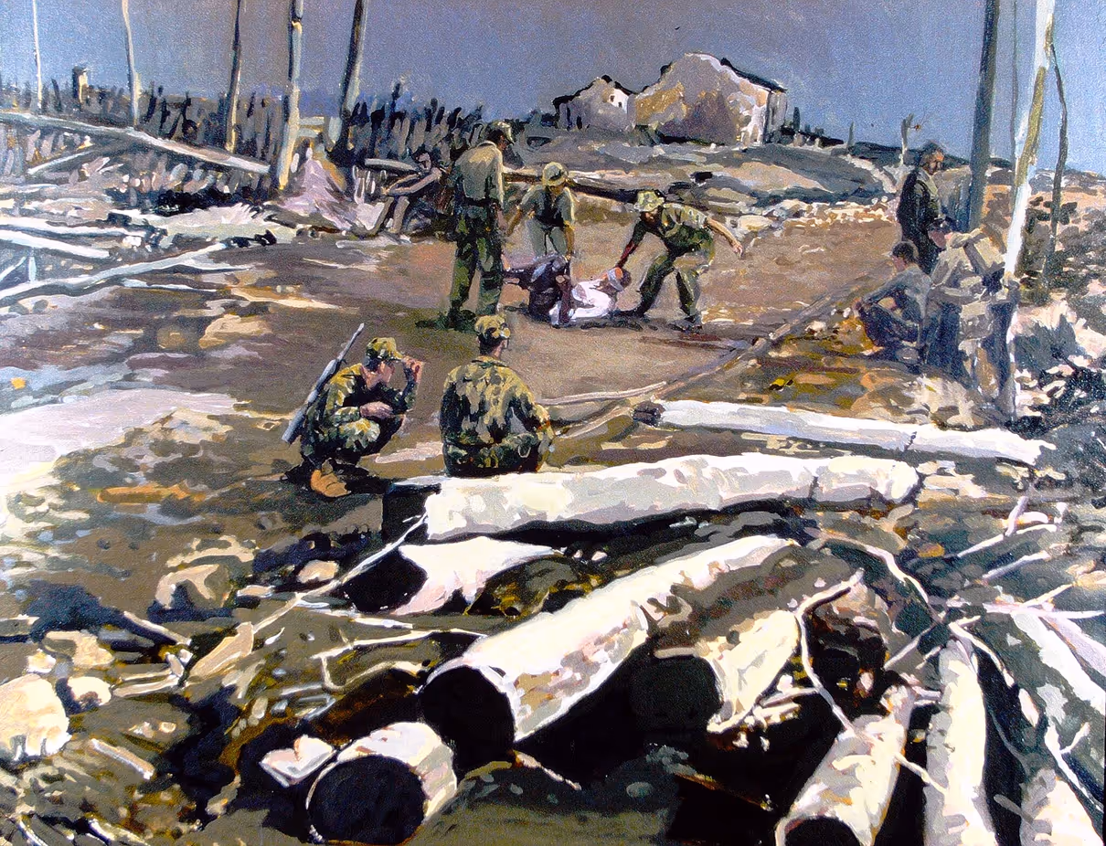 Painting of soldiers detaining a person in rubble-strewn landscape with fallen logs and distant buildings.