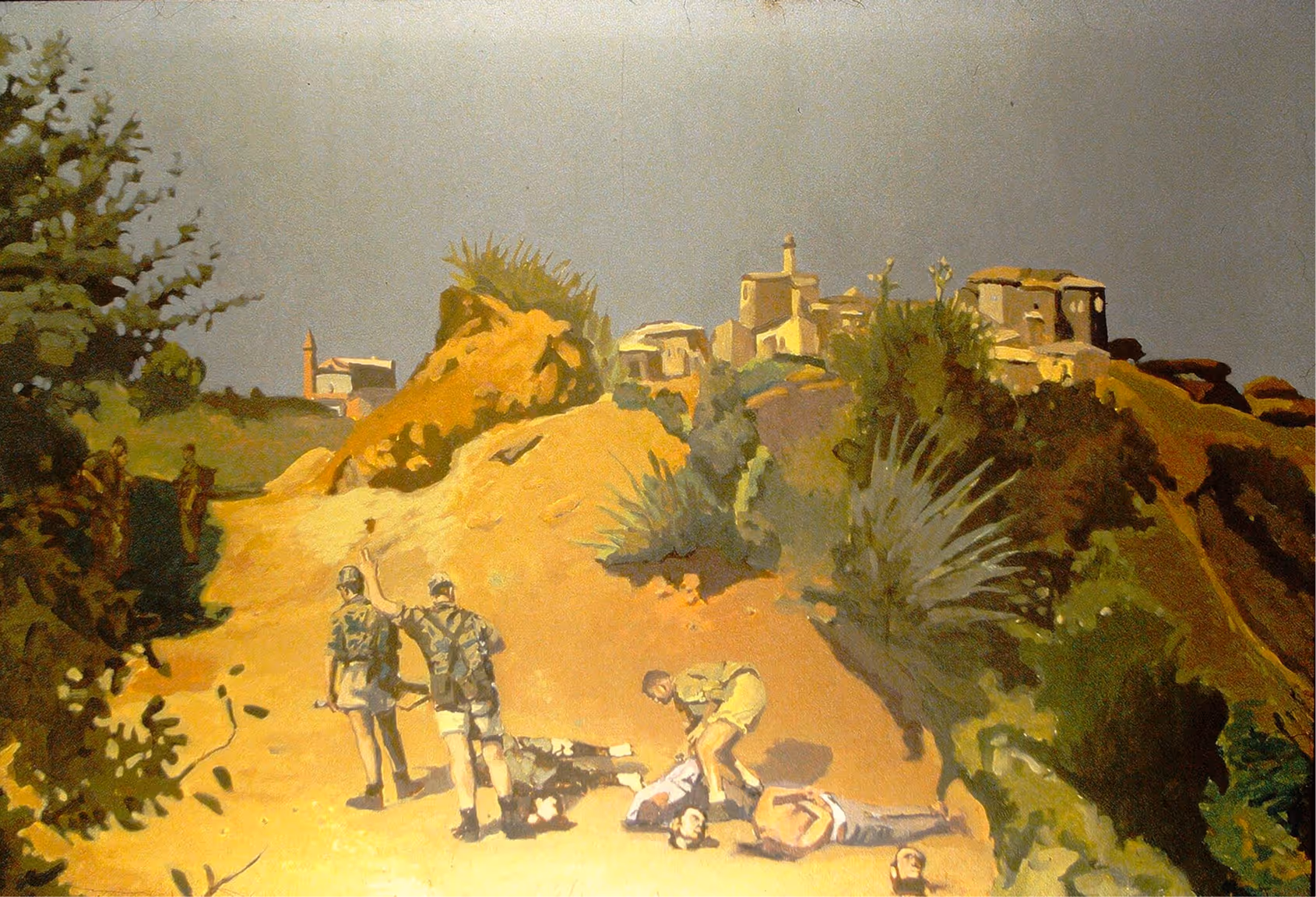 Painting of soldiers detaining three civilians lying on a dirt path with a village in the background.