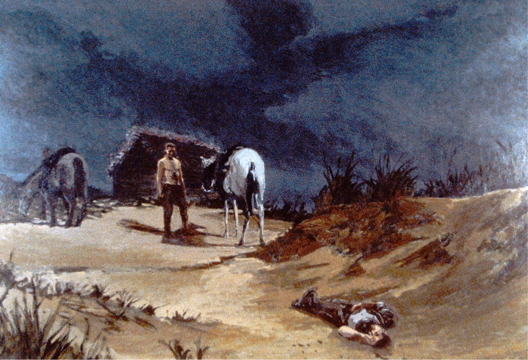 Man standing near horses and a cabin under a dark cloudy sky with a person lying on the ground.