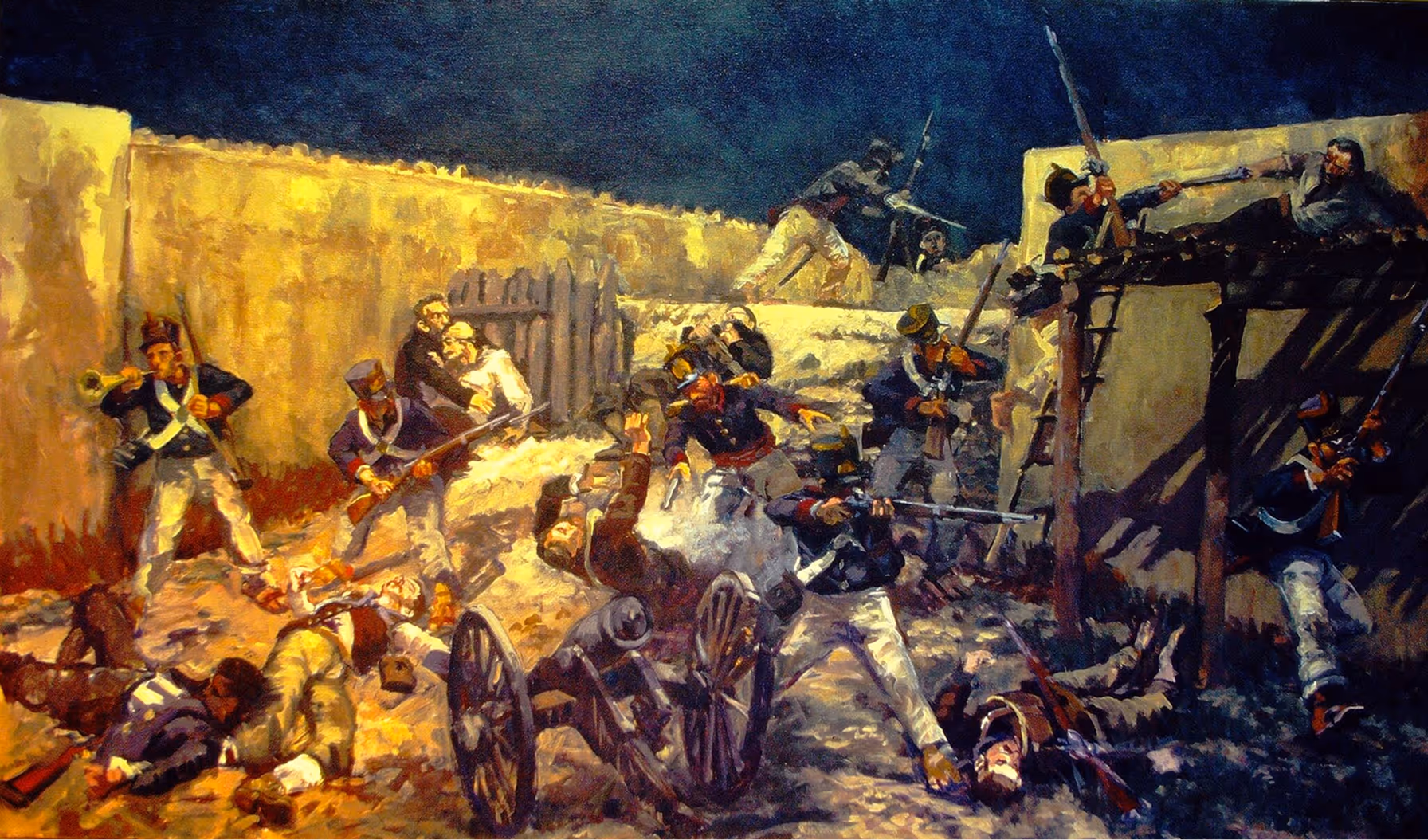 Historical battle scene depicting soldiers fighting with guns and cannon near stone walls at night.