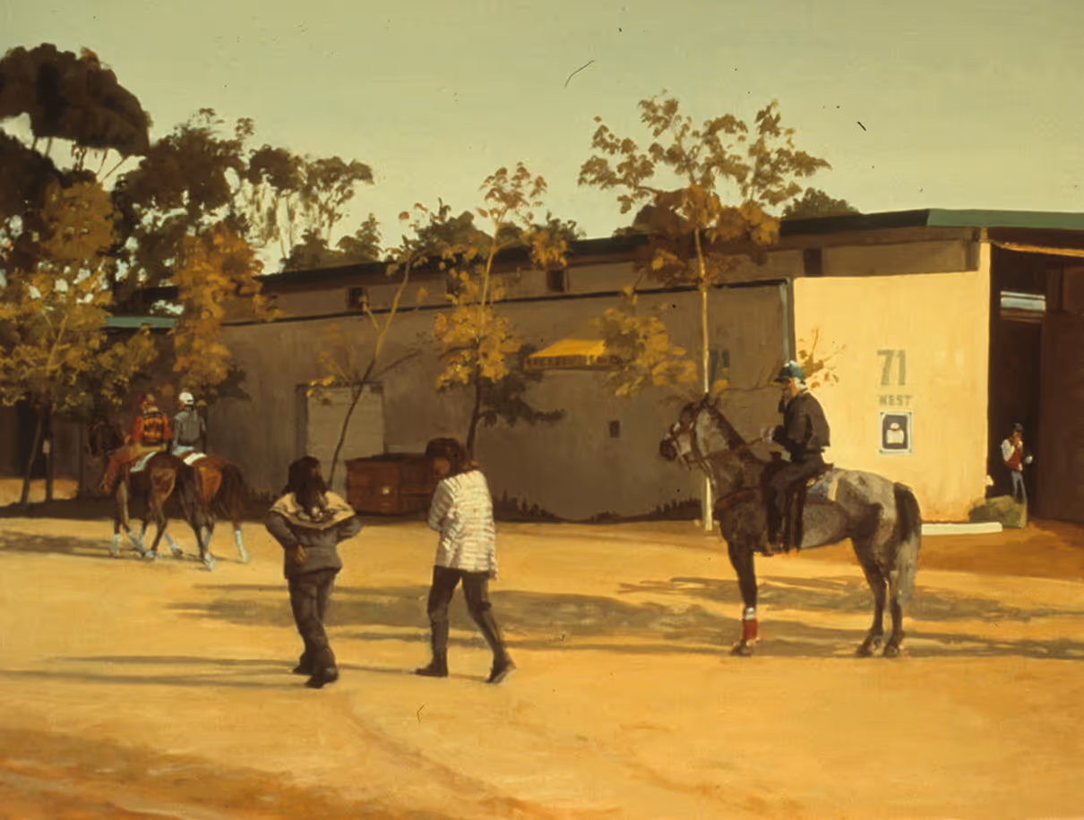 Painting of two people walking near riders on horses outside a tan building with trees.