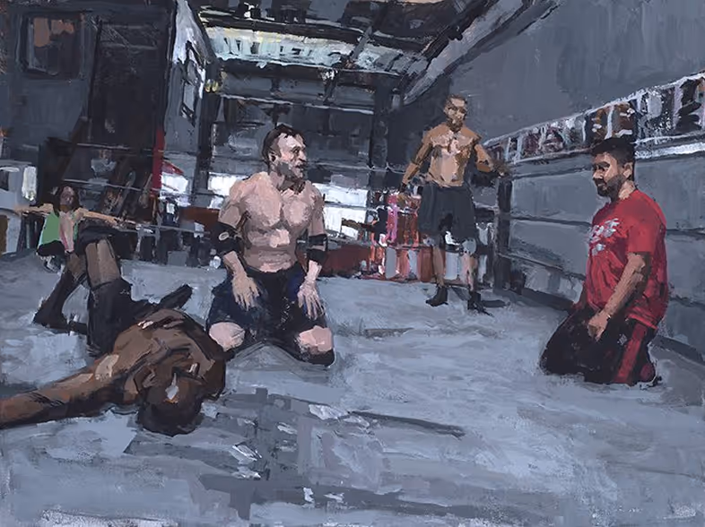 Five men in a gym, two shirtless and kneeling, others in exercise poses, under industrial lighting.