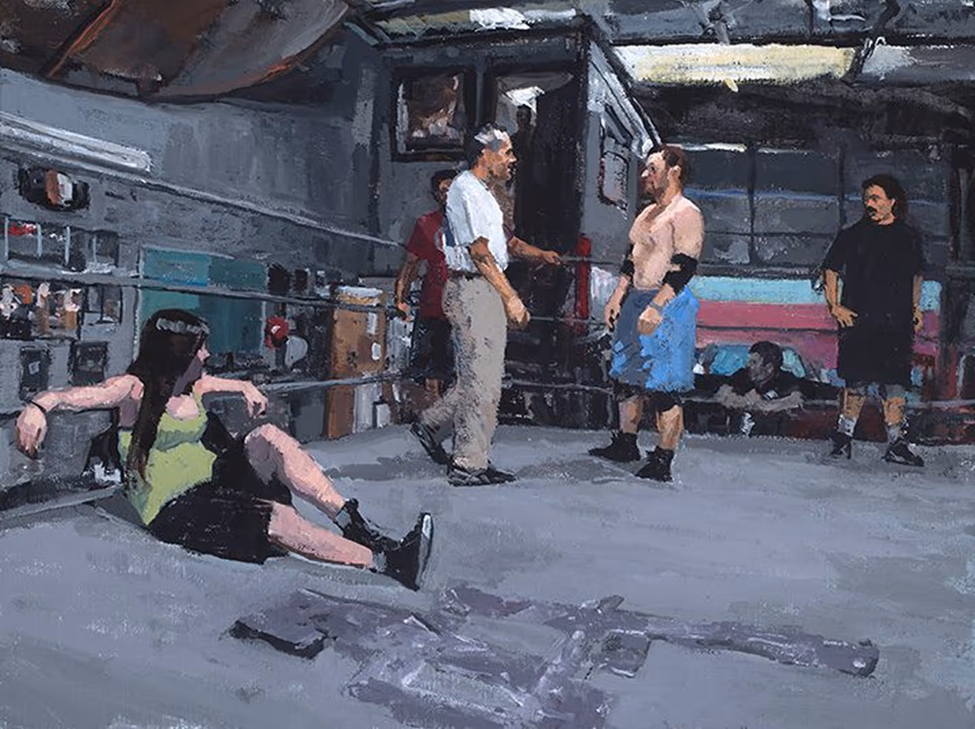 Painting of five people in a boxing ring inside a gym with boxing gear.