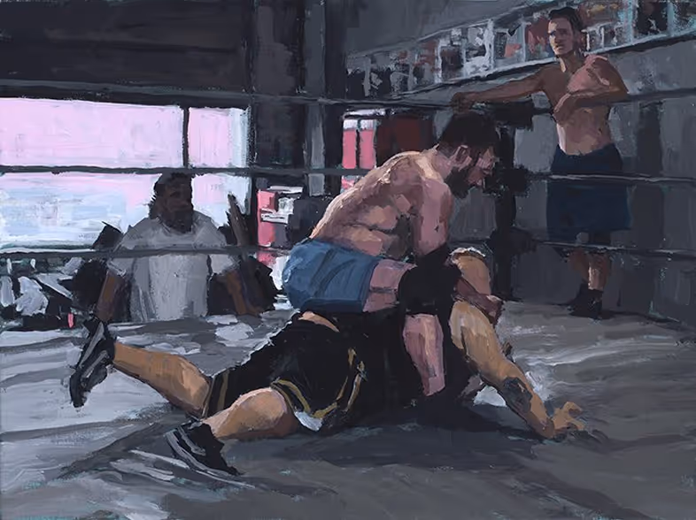 Painting of two shirtless men wrestling on a boxing ring floor inside a gym with two men watching.