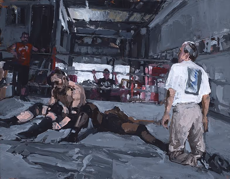 Painting of wrestlers and a referee in a ring inside a dimly lit industrial gym.