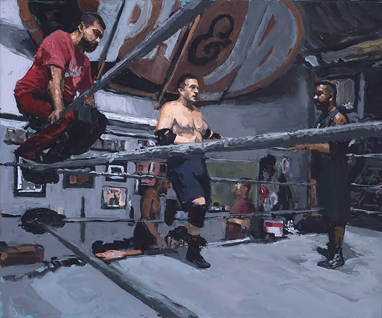 Painting of three wrestlers in a ring with one sitting on a corner rope and two standing facing each other.