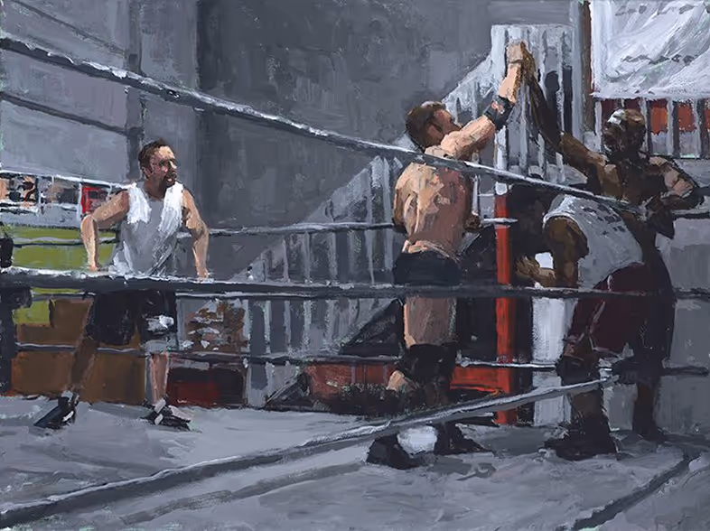 Three men inside a boxing ring, one giving a high five to another while the third watches.