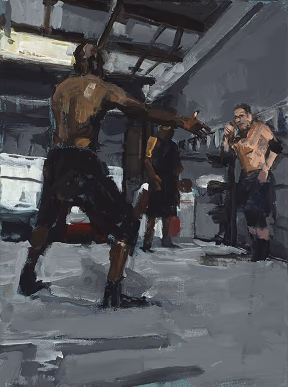 Painting of two shirtless men sparring in a gym, with a referee watching in the background.