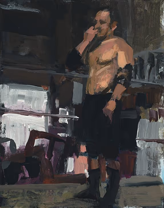 Abstract painting of a shirtless man in black shorts and socks standing in a dark room.