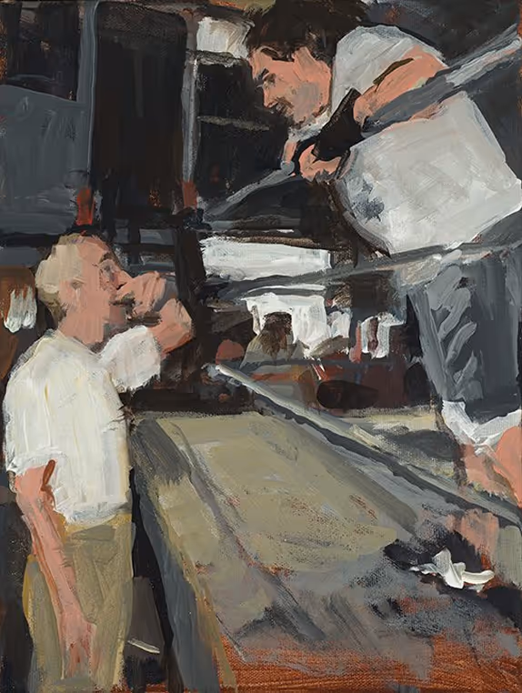 Painting of two men face-to-face, one leaning over a railing, in an intense moment.